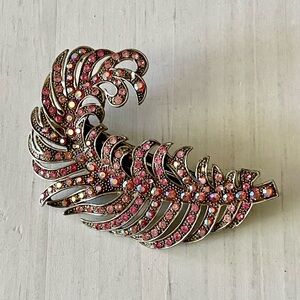 Vintage feather silver tone pink rhinestone hair clip barrette, hair accessory